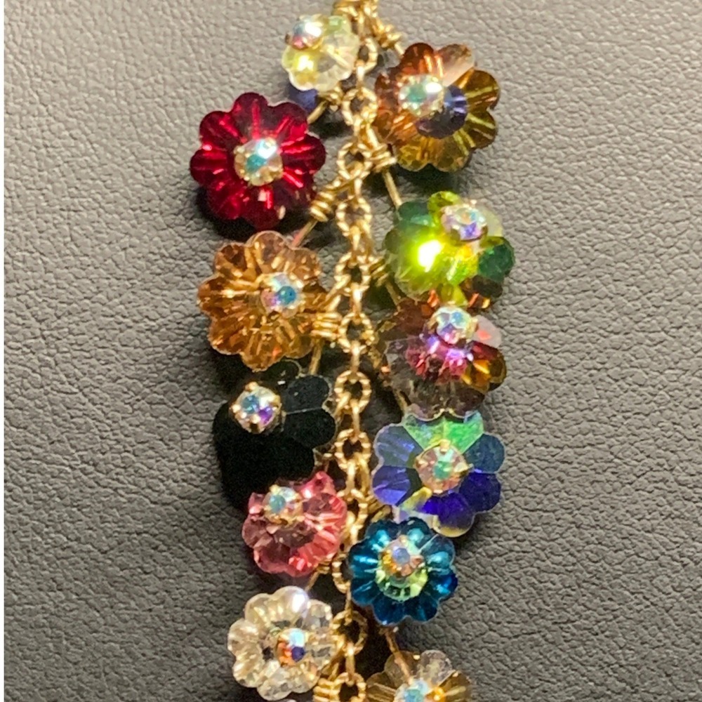 14K Gold Filled Multi Color Crystal Flower Cluster Y Necklace 18 Inch 12.6g